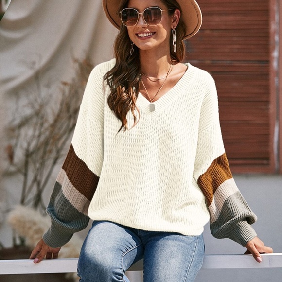 Sweaters - oversized  color block v neck knit sweater beige